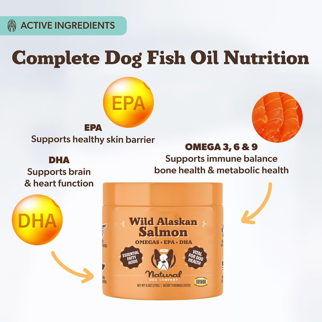 Natural Dog Company Masticables de Salmón Salvaje de Alaska para Perros - Suplemento de Omega 3 con EPA y DHA, 90 Unidades