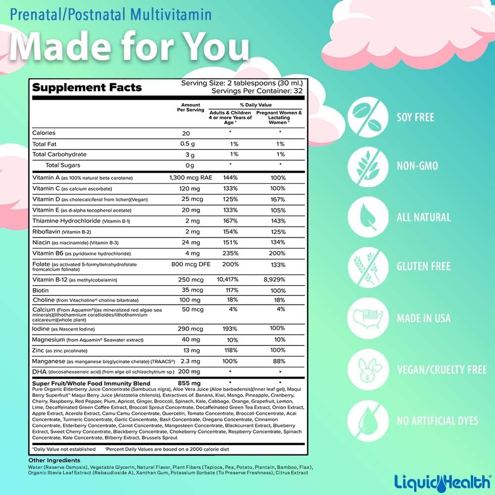 LIQUIDHEALTH Prenatal/Postnatal Multivitamínico Líquido con Folato Real - 2 Paquetes