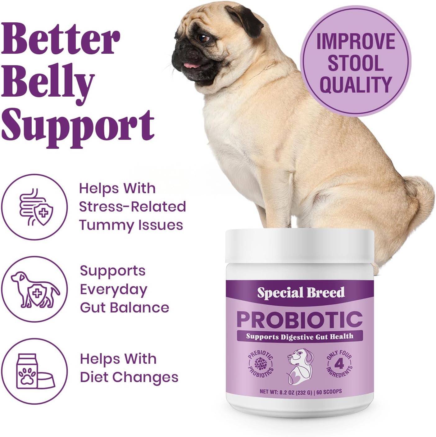 Probióticos para Perros en Polvo con 6 mil millones de UFC, Prebióticos y Enzimas Digestivas - Salud Digestiva e Inmune - 60 Dosis