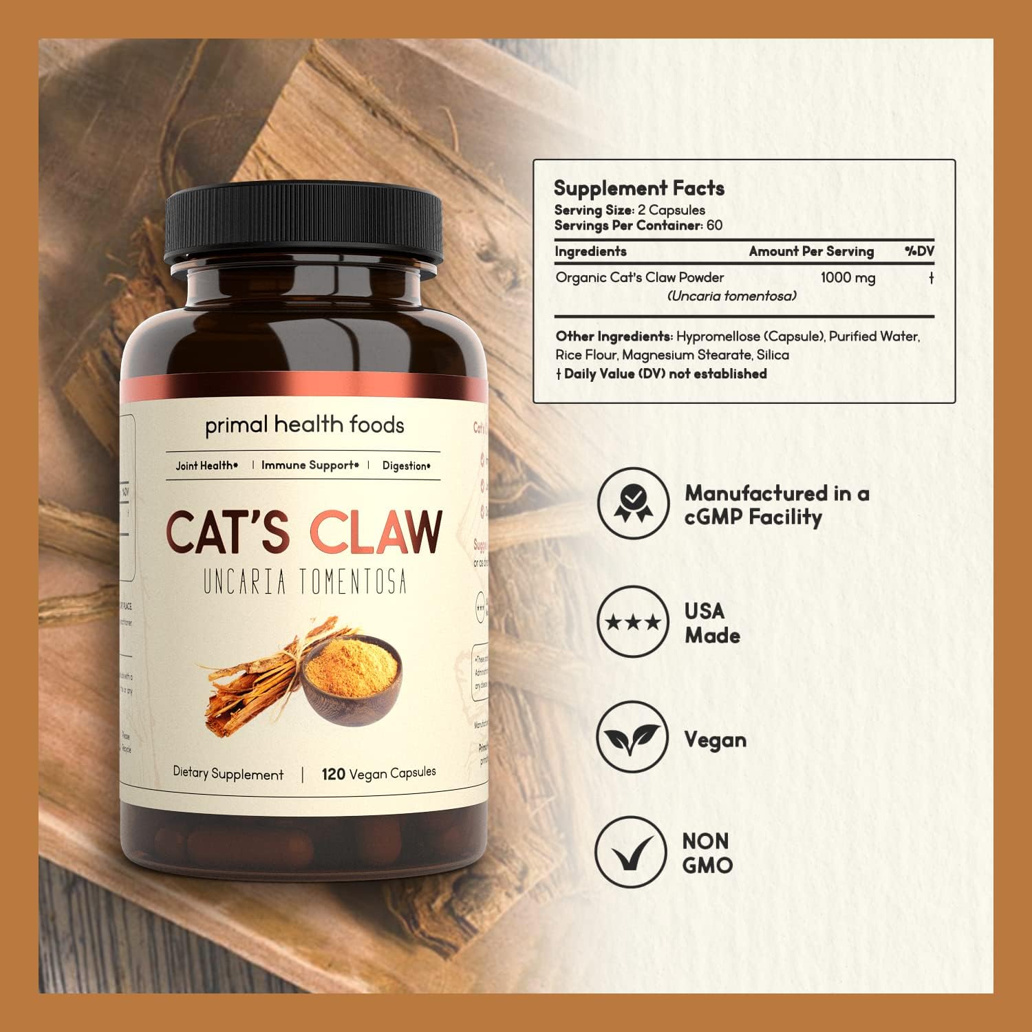 Primal Health Foods Garra de Gato Orgánica 1000 mg 60 Cápsulas | Apoyo Inmunitario, Digestión y Articulaciones | Vegano, Ecológico, Sin OGM y Sin Gluten