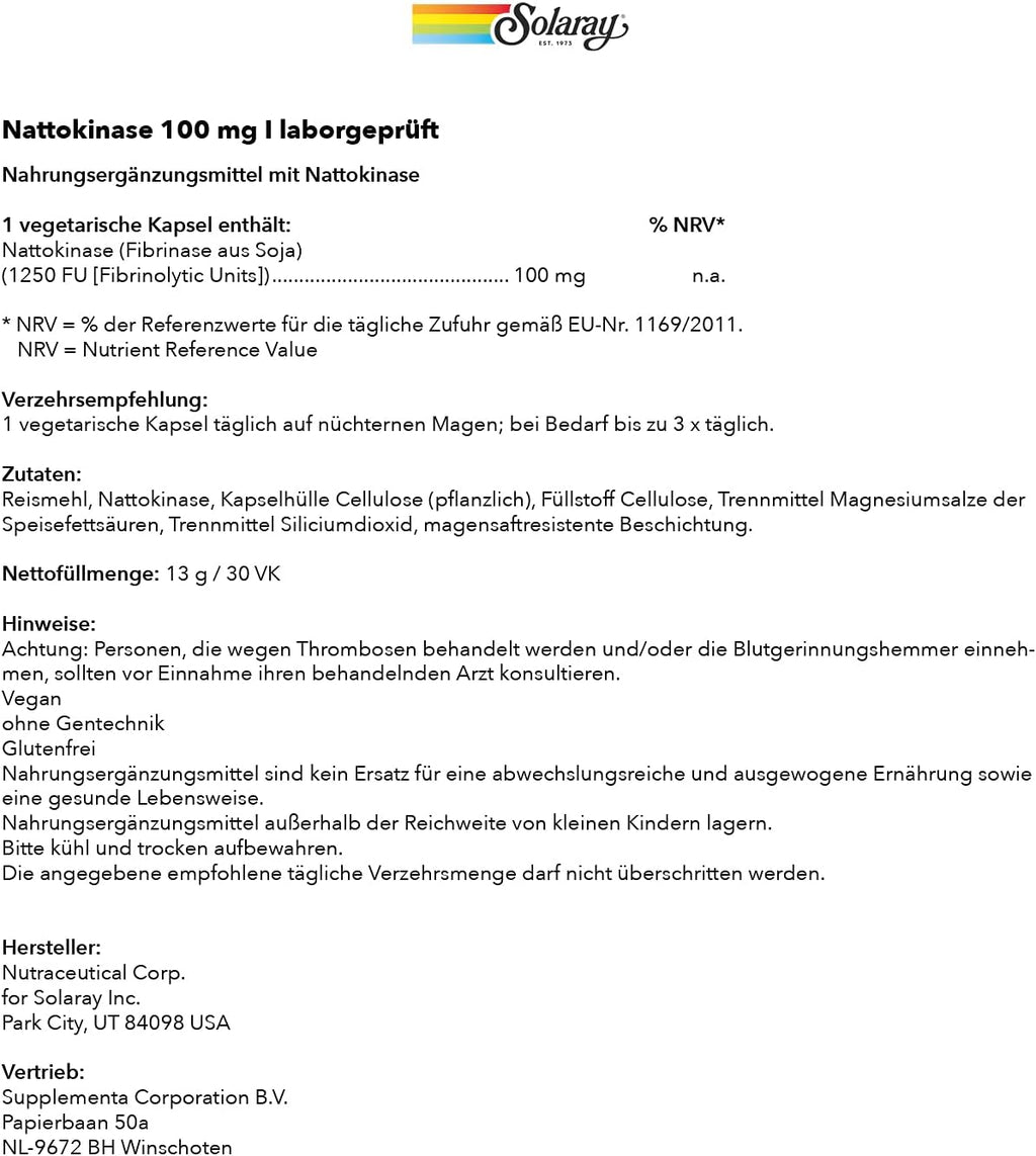Solaray Nattokinasa 100 mg, 30 Cápsulas