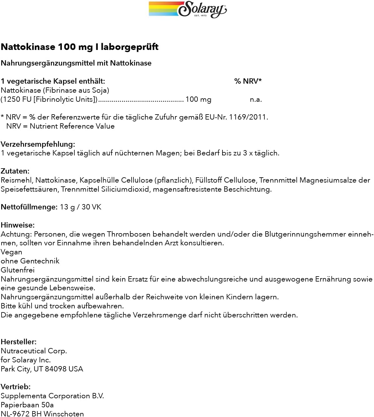 Solaray Nattokinasa 100 mg, 30 Cápsulas