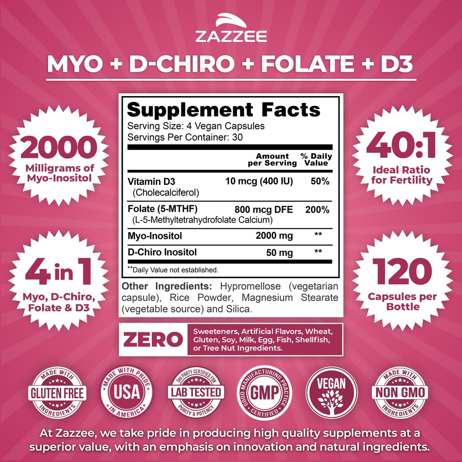 Myo & D-Chiro Inositol 40:1 con Vitamina D3 y Folato - 120 Cápsulas Veganas