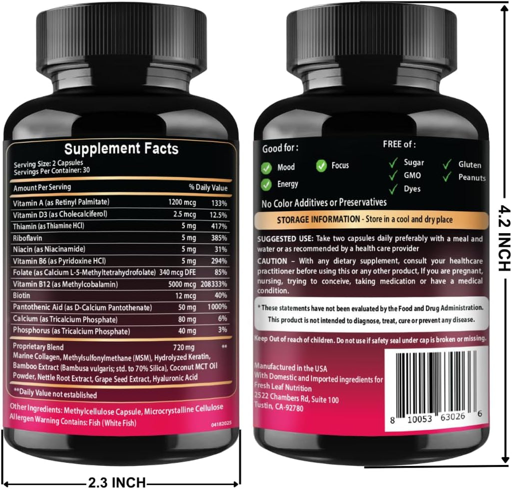 Complejo de Vitamina B12 con Ácido Hialurónico, Colágeno y Folato – 25000 mcg (5000 mcg Metilcobalamina) – 60 Cápsulas