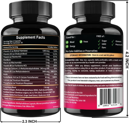 Complejo de Vitamina B12 con Ácido Hialurónico, Colágeno y Folato – 25000 mcg (5000 mcg Metilcobalamina) – 60 Cápsulas – Image 6