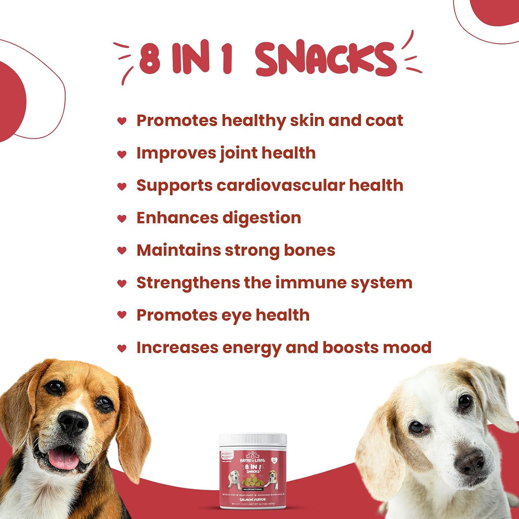 Multivitamínico para Perros 8 en 1 con Glucosamina y Aceite de Pescado – 90 Comprimidos Masticables Sabor Salmón