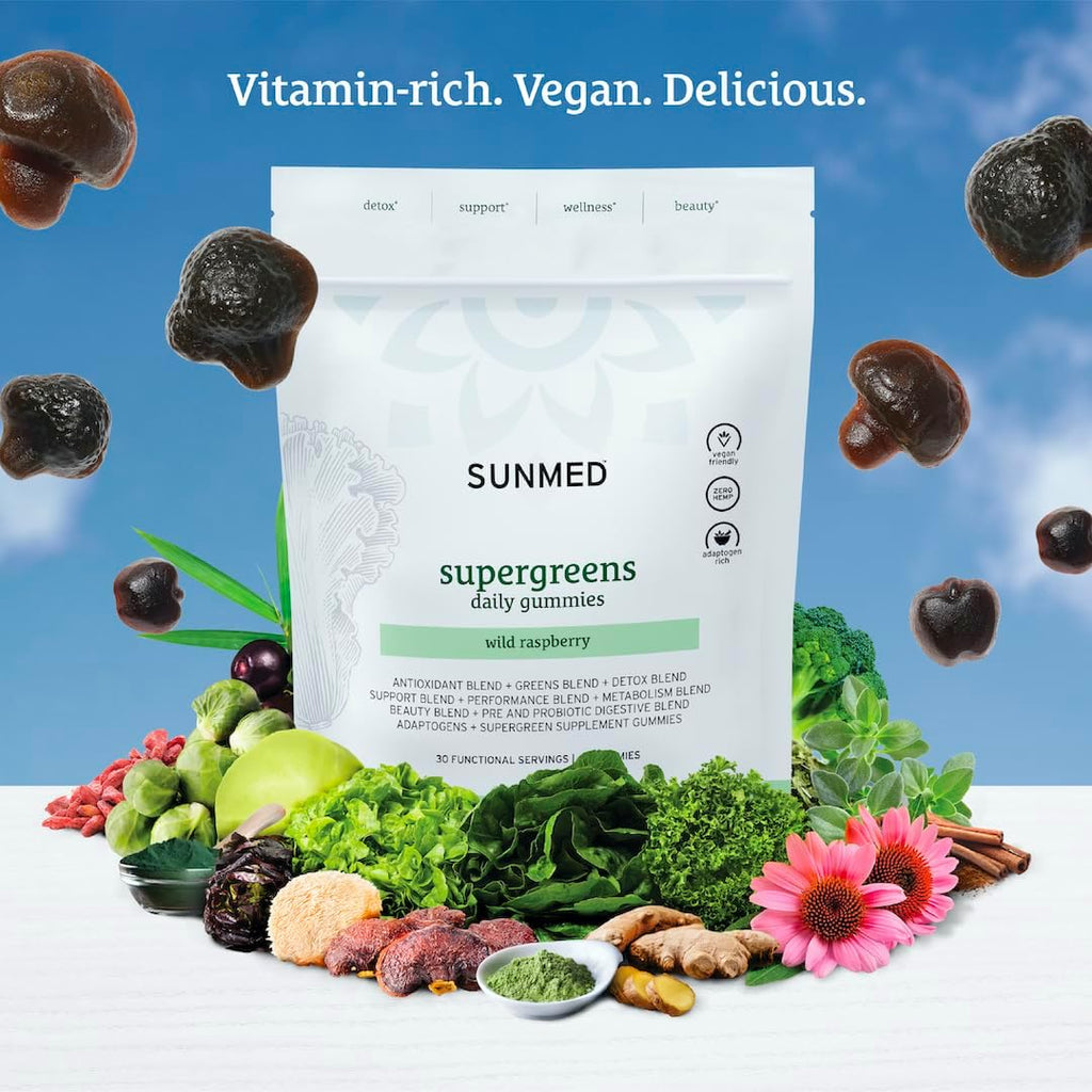 SUNMED Supergreens Daily Gummies – Mezcla de Bienestar con Ashwagandha, Té Verde, Spirulina, Probióticos y Antioxidantes | Frambuesa Silvestre, 60 unidades