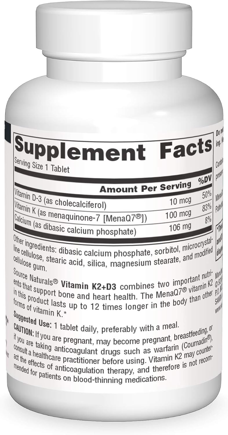 Source Naturals Vitamina K2 + D3 Complejo para Huesos y Corazón - 400 UI Vitamina D3 y 100 mcg Vitamina K2 (MK-7) con Calcio - 60 Comprimidos