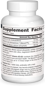 Source Naturals Vitamina K2 + D3 Complejo para Huesos y Corazón - 400 UI Vitamina D3 y 100 mcg Vitamina K2 (MK-7) con Calcio - 60 Comprimidos