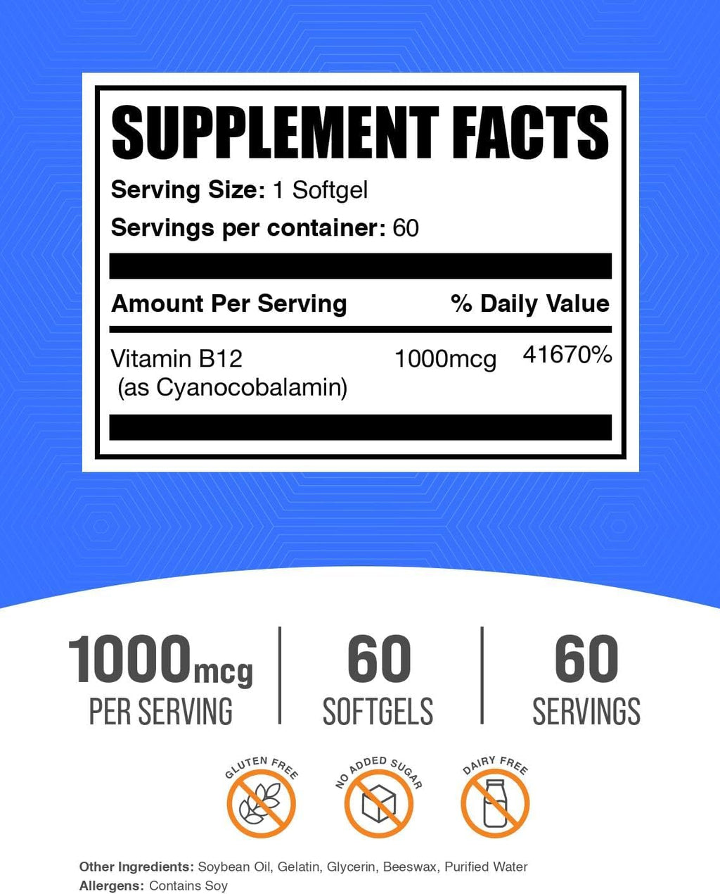 Vitamina B12 1000 mcg - Cianocobalamina - Sin Gluten - 60 Cápsulas Blandas