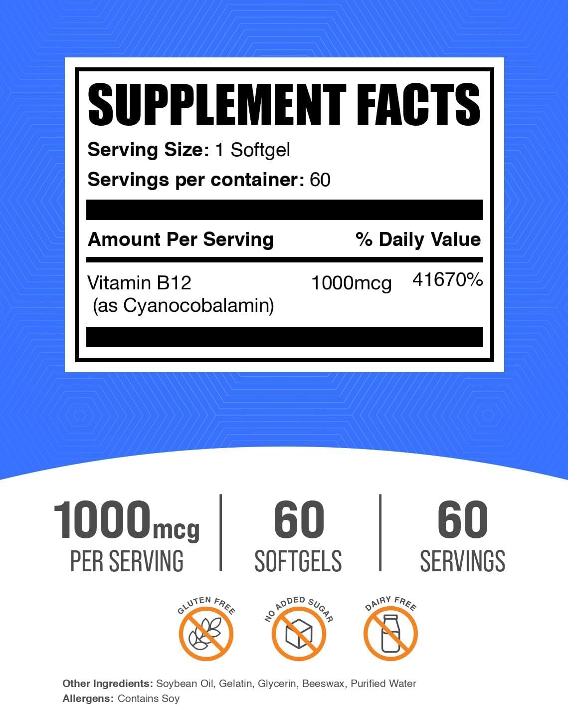 Vitamina B12 1000 mcg - Cianocobalamina - Sin Gluten - 60 Cápsulas Blandas