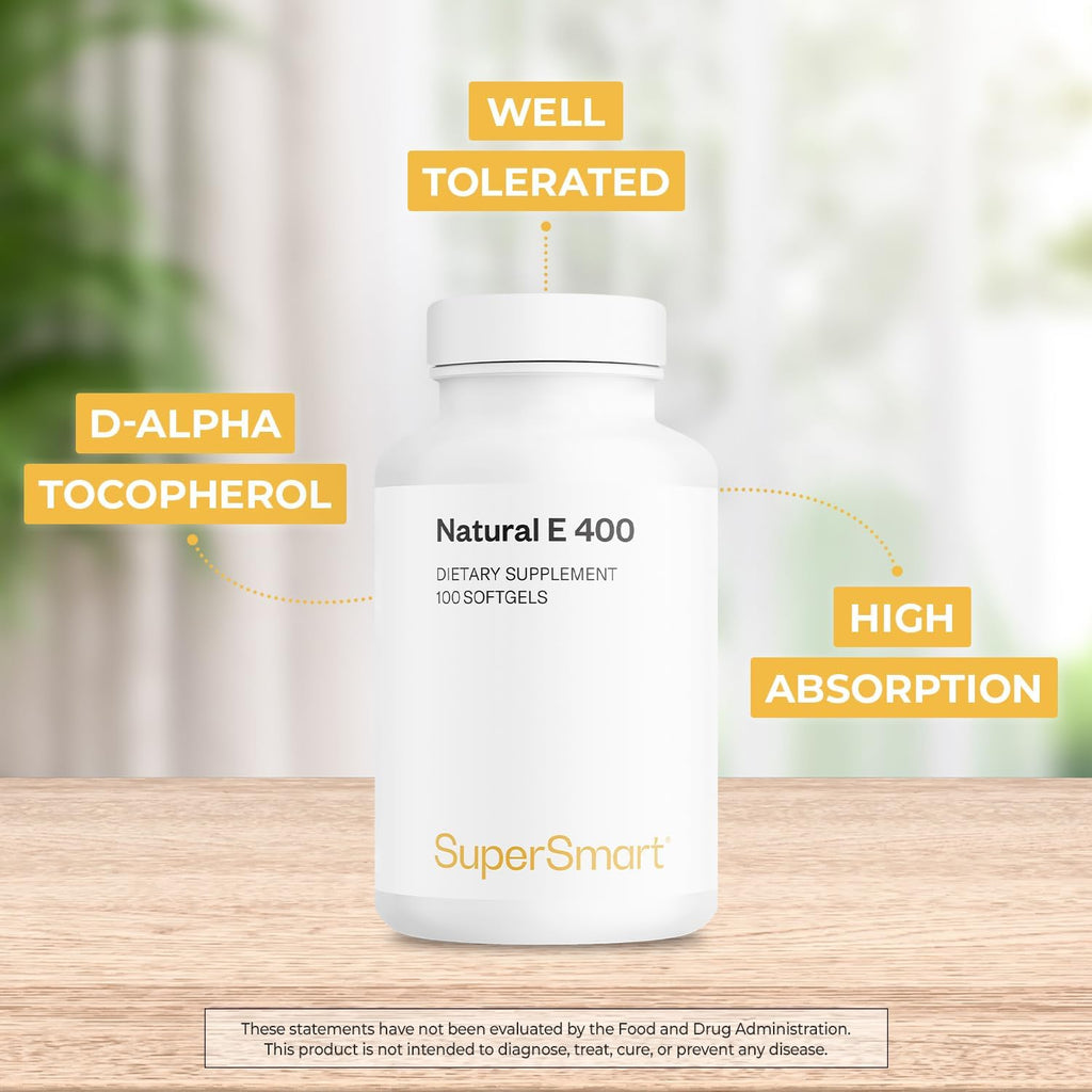Supersmart Natural E 400 (D-Alfa Tocoferol) 1200 UI al día - Suplemento de Vitamina E de Alta Absorción | No OGM - 100 Cápsulas Blandas