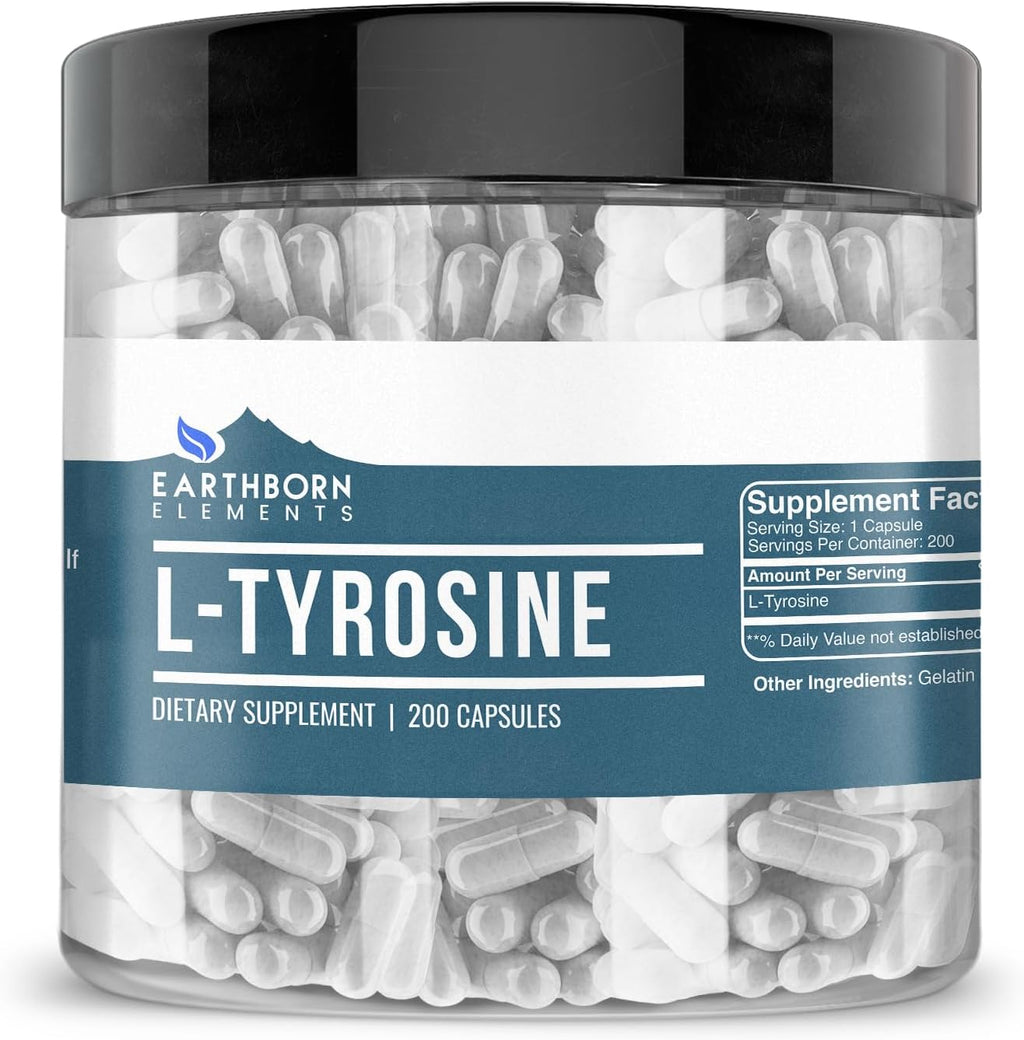 Earthborn Elements L-Tirosina 200 Cápsulas, Pura y sin Diluir, Sin Aditivos