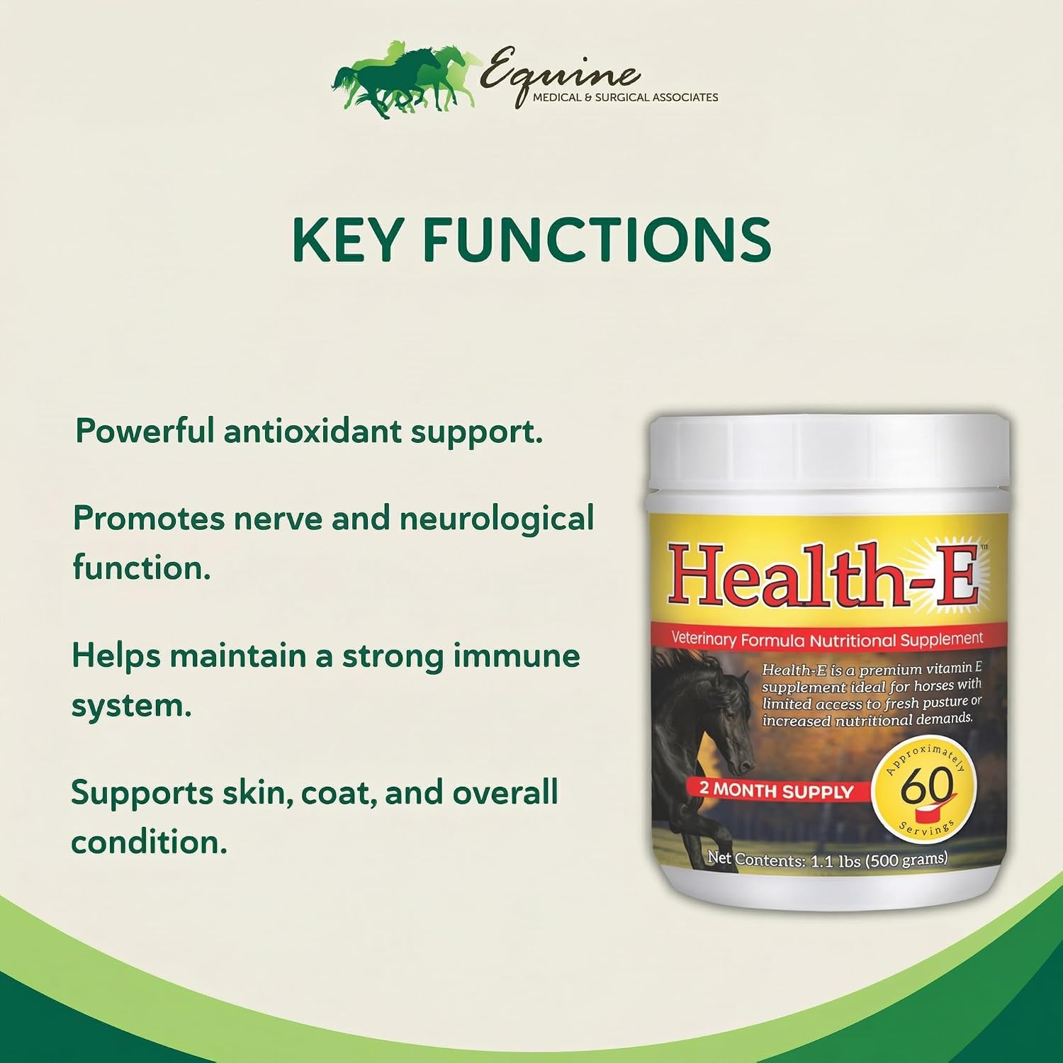 Health-E Suplemento de Vitamina E para Caballos, Polvo de dl-Alfa Tocoferol, 60 Dosis