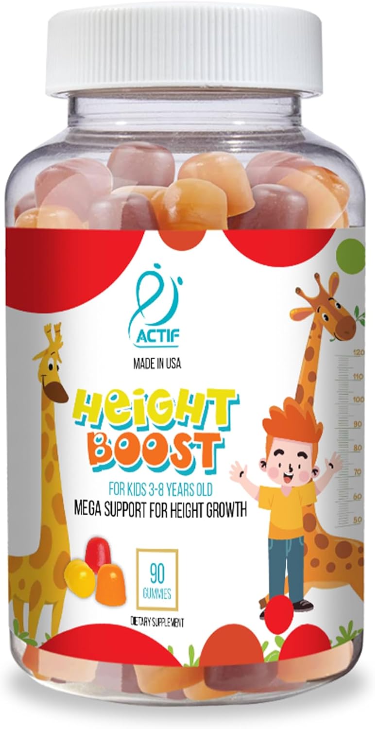 Actif Height Boost Mega Support para Niños de 3 a 8 Años, Fórmula de Crecimiento con 10+ Factores, 60 Gominolas, Sabor Fresa