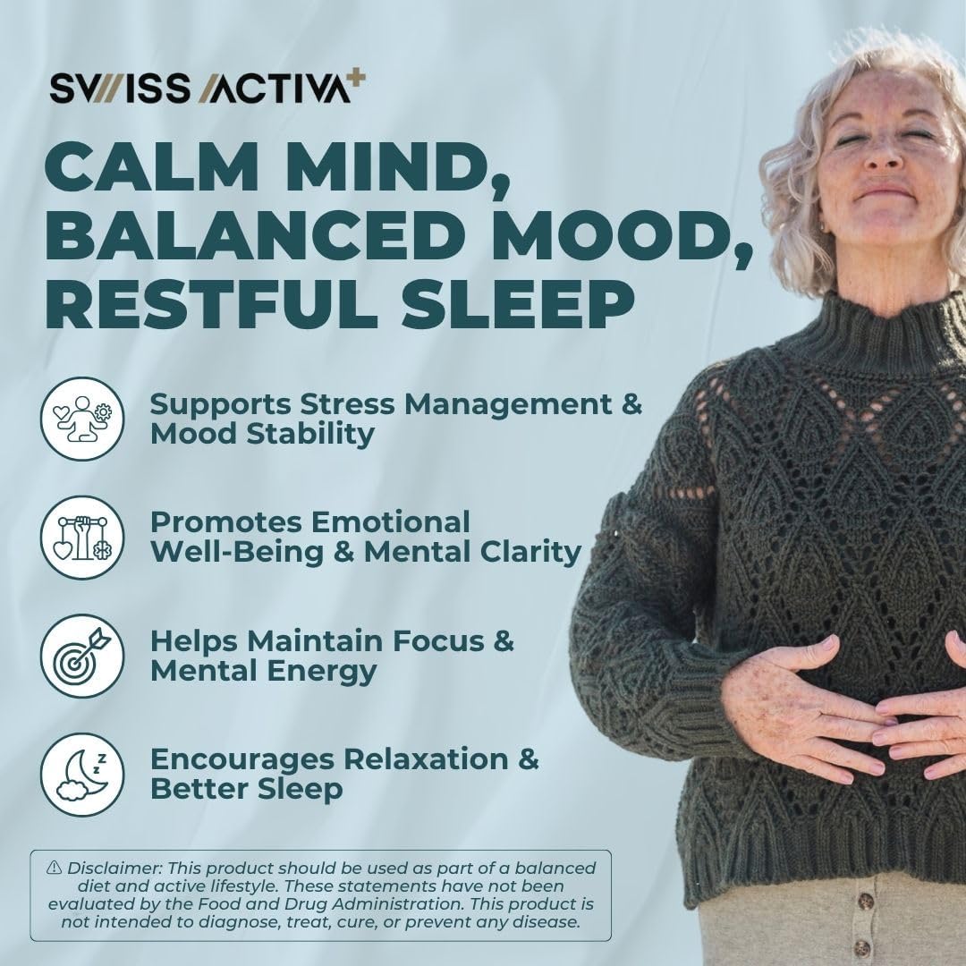 Swiss Activa+ Suplemento para el Estrés y la Calma con Ashwagandha, Rhodiola, GABA y L-Theanina - 30 Cápsulas