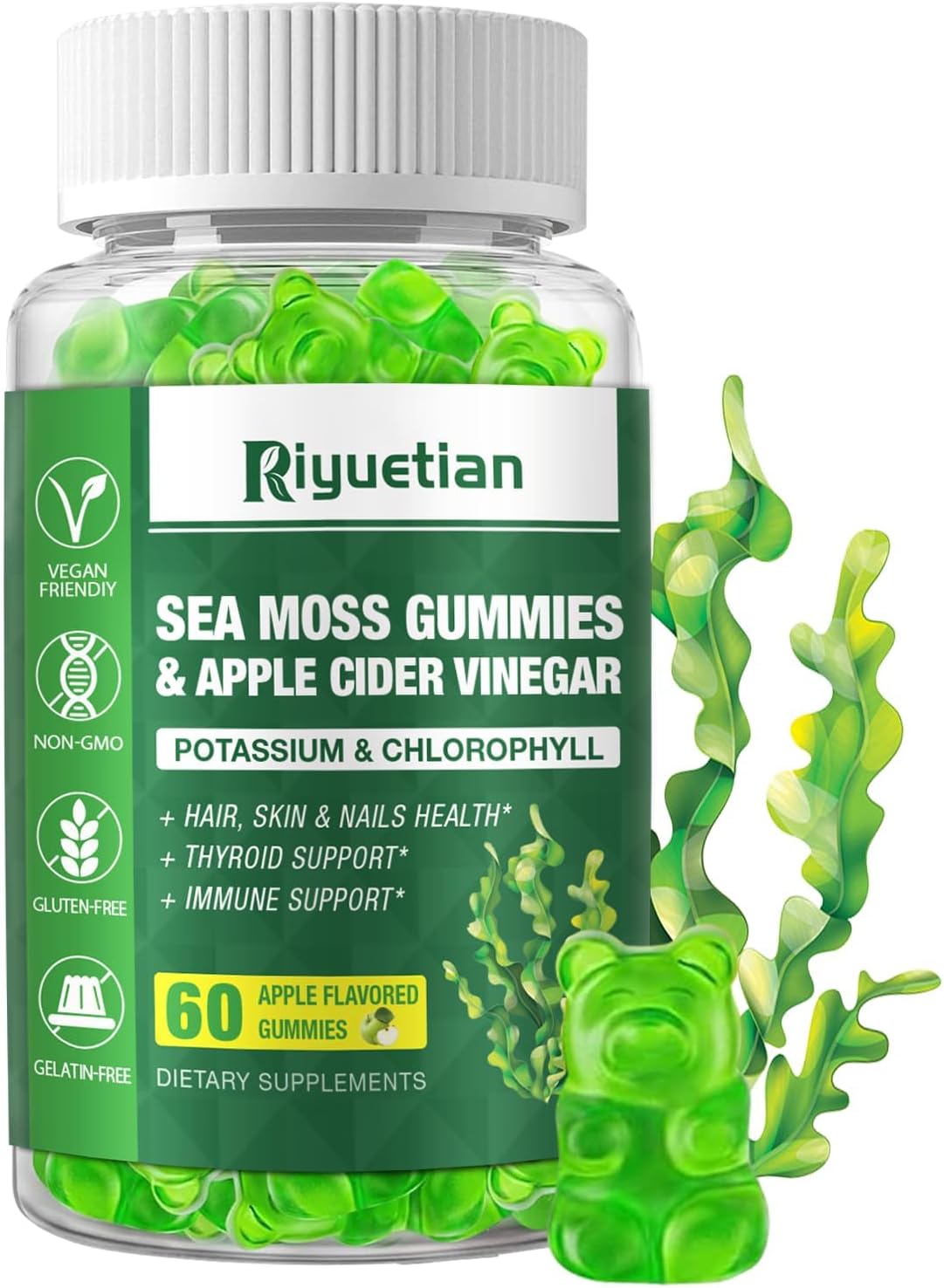 Riyuetian Gominolas de Musgo Marino - 60 unidades - Sabor Natural a Manzana - Suplemento de Sea Moss con Bladderwrack y Raíz de Bardana - Vegano y No GMO