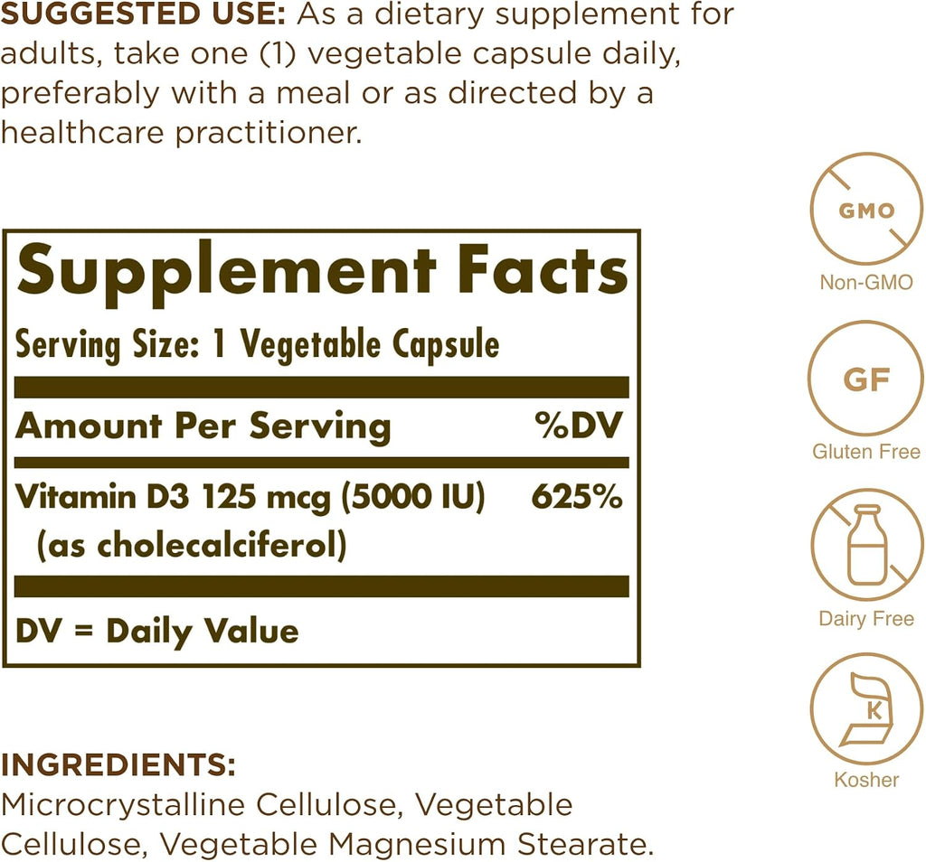Vitamina D3 5000 UI - 120 Cápsulas Vegetales