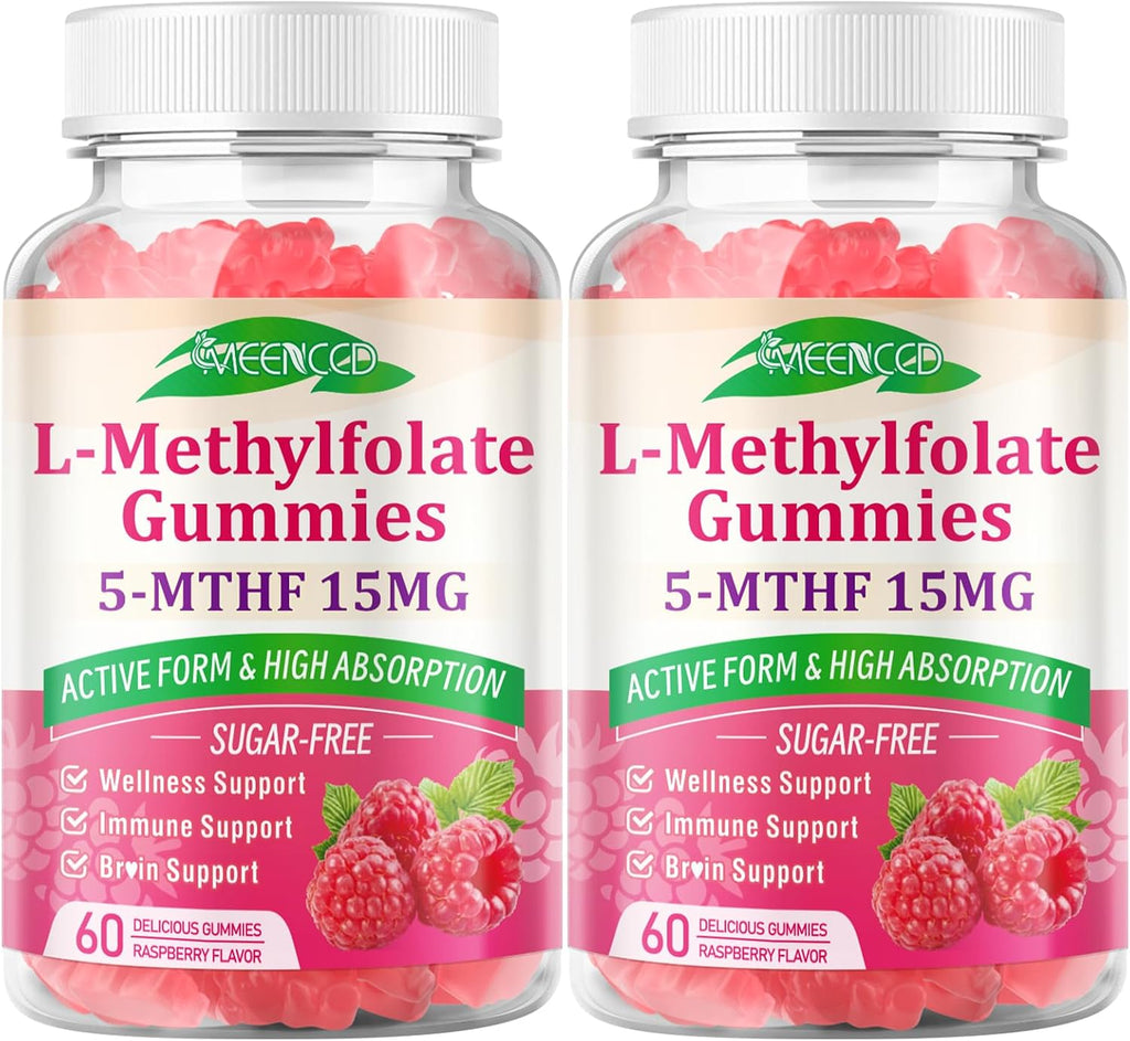 MEENCCD 2 Pack L-Methylfolate Gummies, Methylfolate Supplement, 5-MTHF Supplement - Active 5-MTHF - Supports Overall Wellness, Vegan, Raspberry Flavor, 120 Count