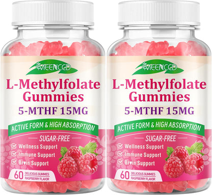 MEENCCD 2 Pack L-Methylfolate Gummies, Methylfolate Supplement, 5-MTHF Supplement - Active 5-MTHF - Supports Overall Wellness, Vegan, Raspberry Flavor, 120 Count