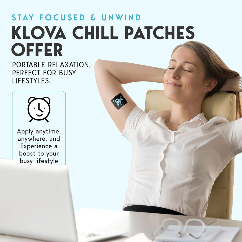 Klova Chill Parches Transdérmicos con Ashwagandha Sensoril, Rhodiola Rosea, Pasiflora, Jengibre, L-Teanina y GABA para Relajación y Bienestar