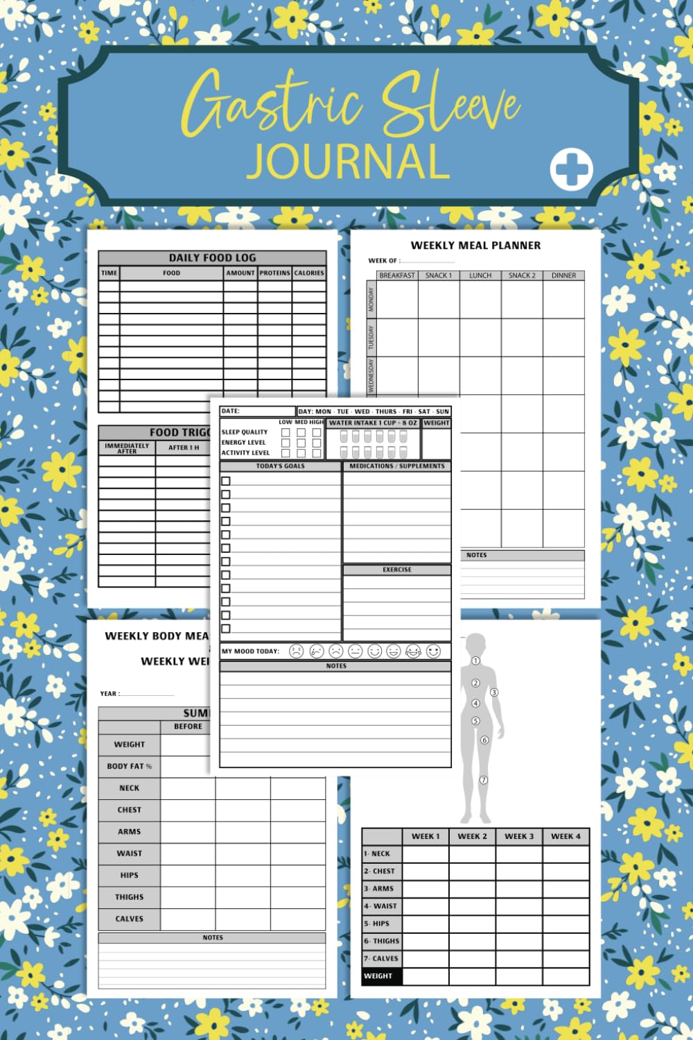 Diario para Manga Gástrica para Mujeres | Planificador Diario de Cirugía Bariátrica desde Pre-OP hasta Post-OP, para Registrar Medidas Corporales, Peso, Diario de Alimentación, ... Ejercicio, | Diseño de portada de flores | 125 Páginas