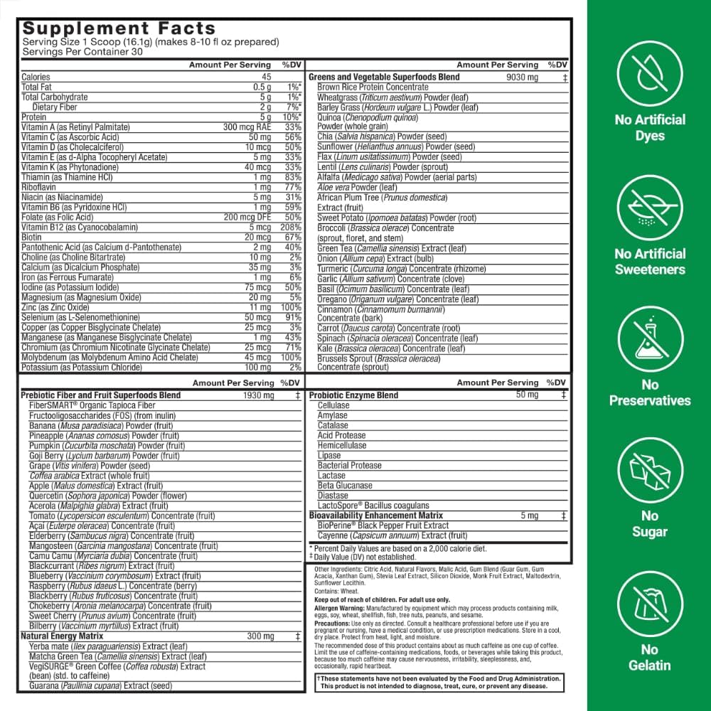 Force Factor Smarter Greens Superfoods + Energy Powder, Lima Limón, 30 porciones