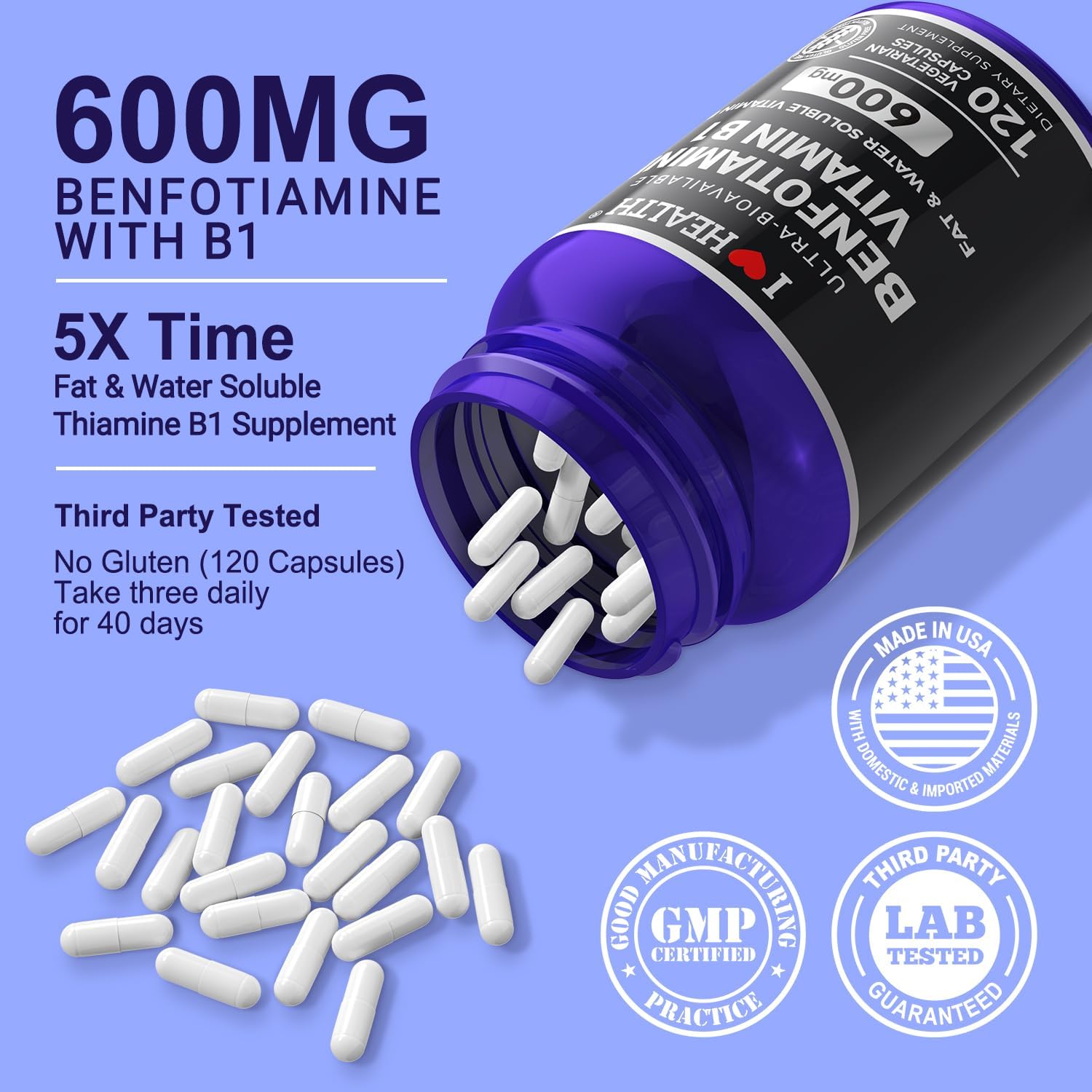 Benfotiamina 600mg + 20mg Vitamina B1 | 120 Cápsulas Veganas | No Transgénico | Gluten Free