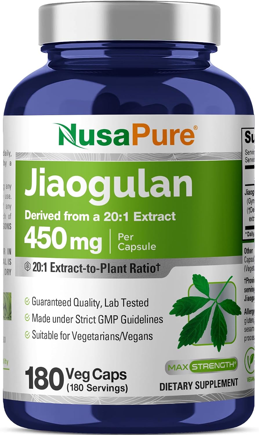 NusaPure Jiaogulan Cápsulas, 450 mg, 180 Cápsulas Veganas (No OGM, Vegano)