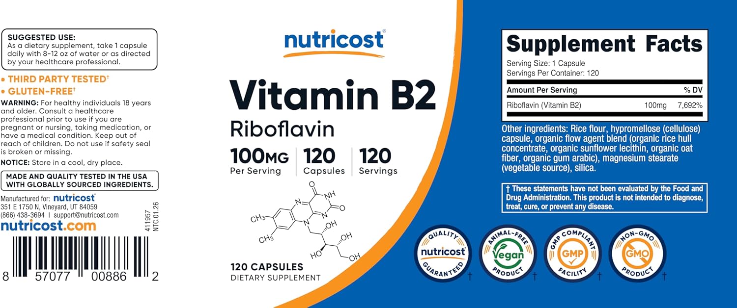 Nutricost Vitamina B2 (Riboflavina) 100mg, 120 Cápsulas - Sin Gluten y No Transgénico