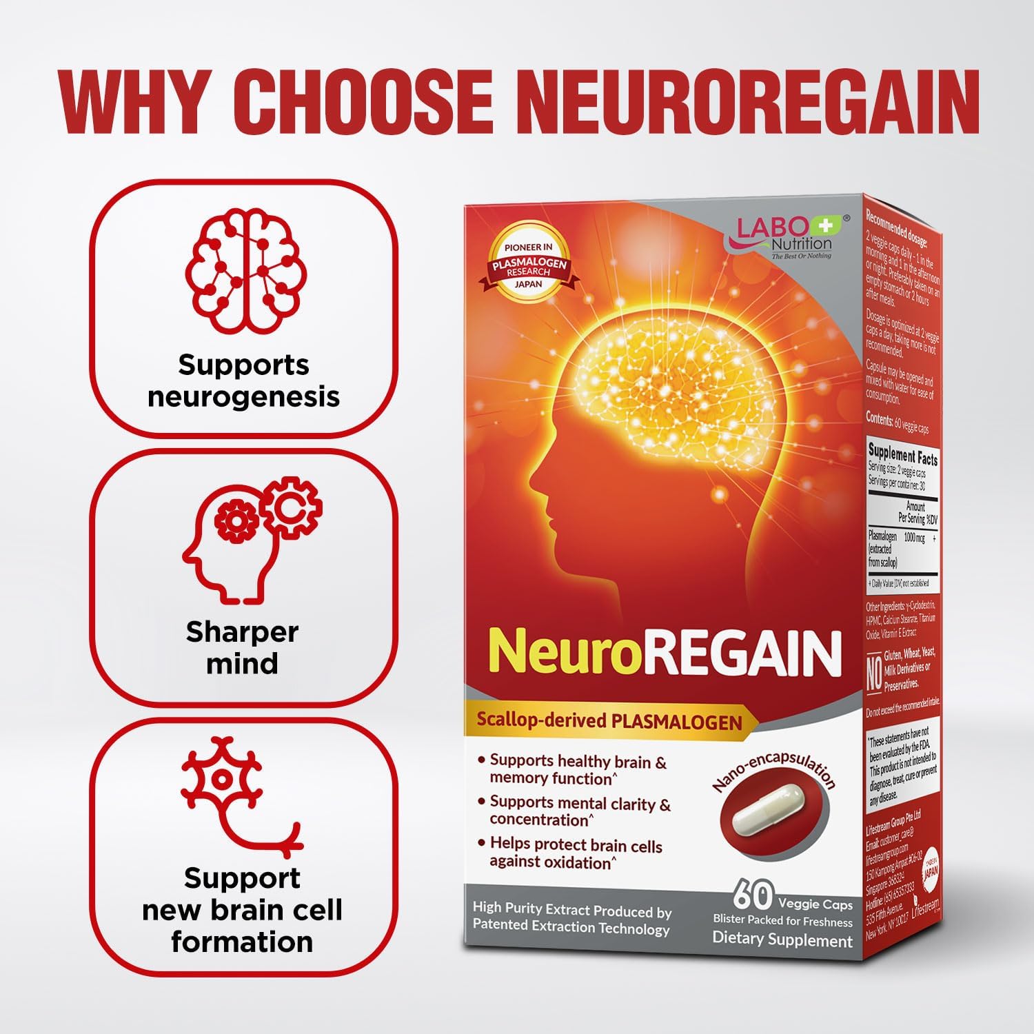 LABO Nutrition NeuroREGAIN - Plasmalógeno de Vieira para la Función Cognitiva (3 uds)