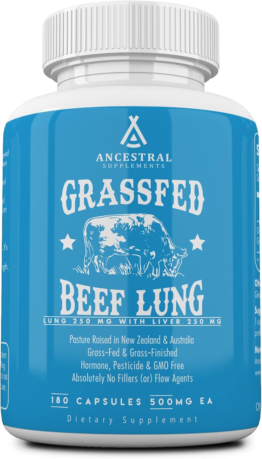 Ancestral Supplements - Suplemento de Pulmón e Hígado de Res Alimentado con Pasto, 500mg, 180 Cápsulas
