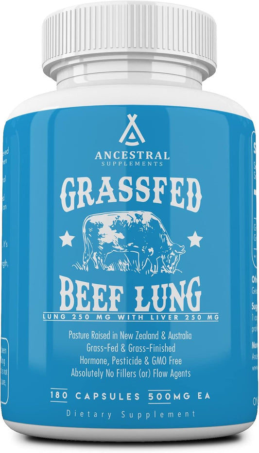 Ancestral Supplements - Suplemento de Pulmón e Hígado de Res Alimentado con Pasto, 500mg, 180 Cápsulas