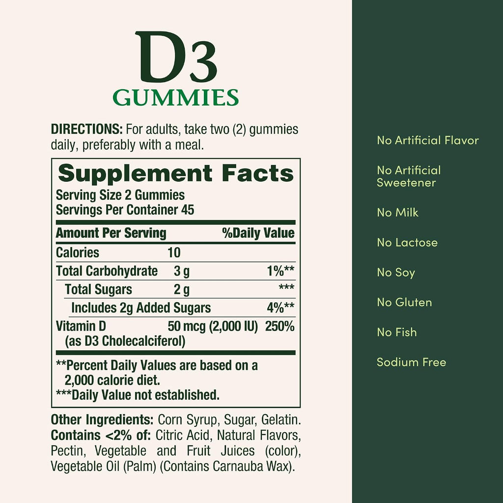 Nature's Bounty Vitamin D3 Gummies, 2000 IU (50 mcg), Mixed Fruit Flavor, 90 Gummies