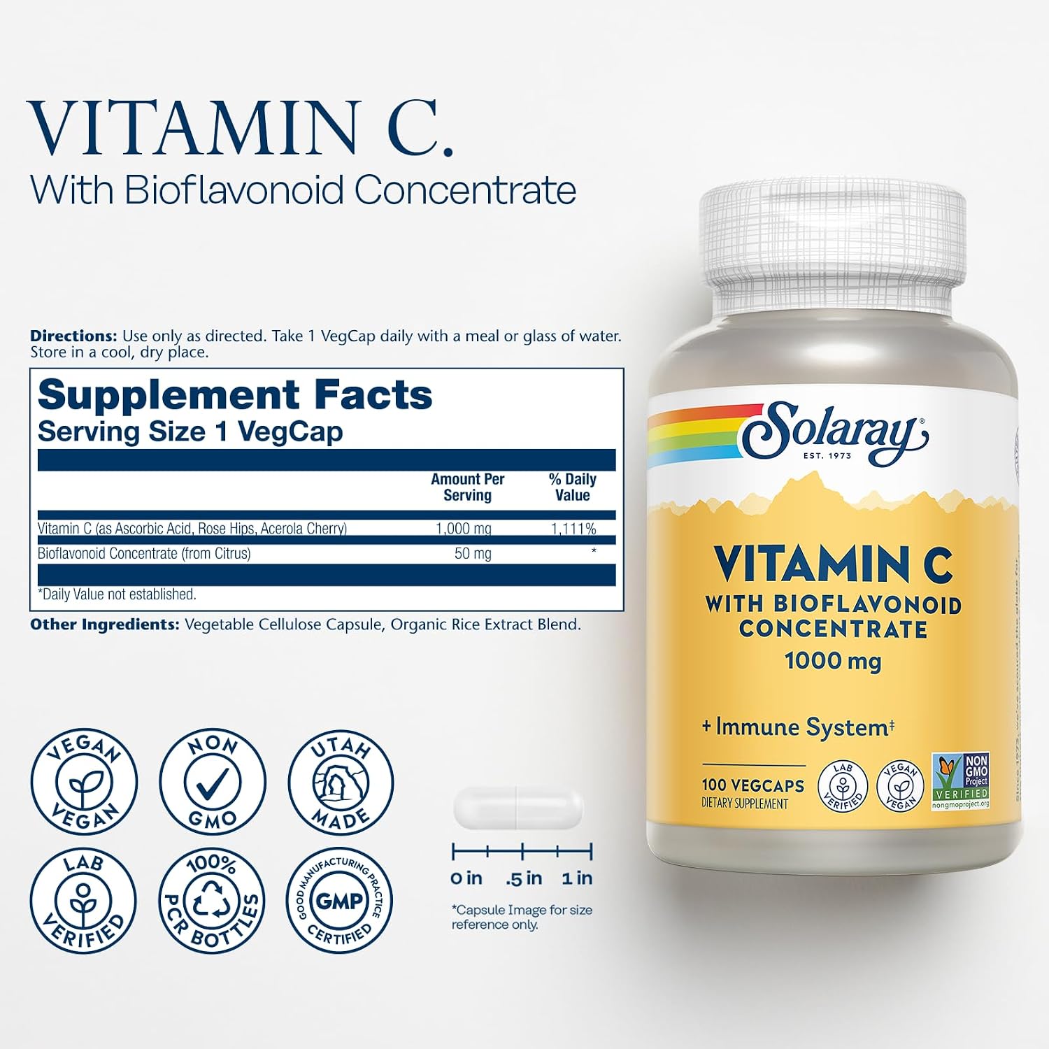 SOLARAY Vitamina C 1000 mg con Concentrado de Bioflavonoides - Cápsulas con Escaramujo y Acerola