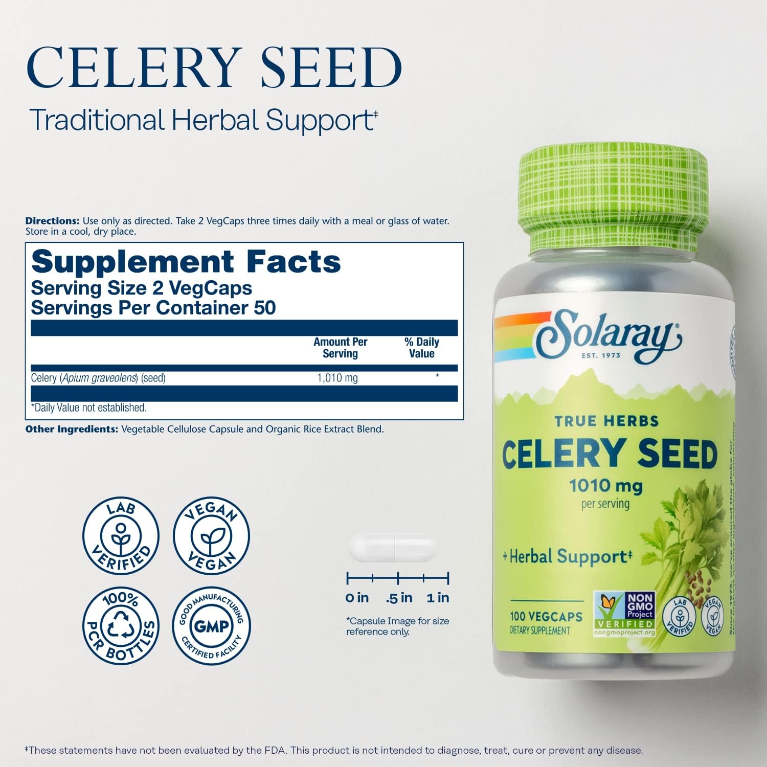 Solaray Semilla de Apio, 505mg, 100 Cápsulas Vegetales