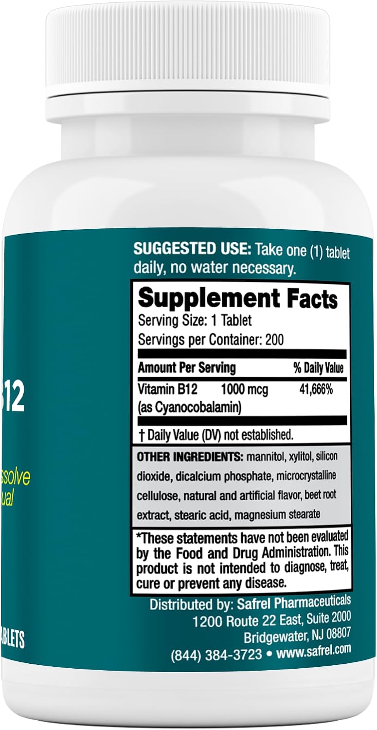 Safrel Vitamina B12 1000 mcg, 200 Comprimidos Sublinguales de Rápida Disolución, Sabor Cereza