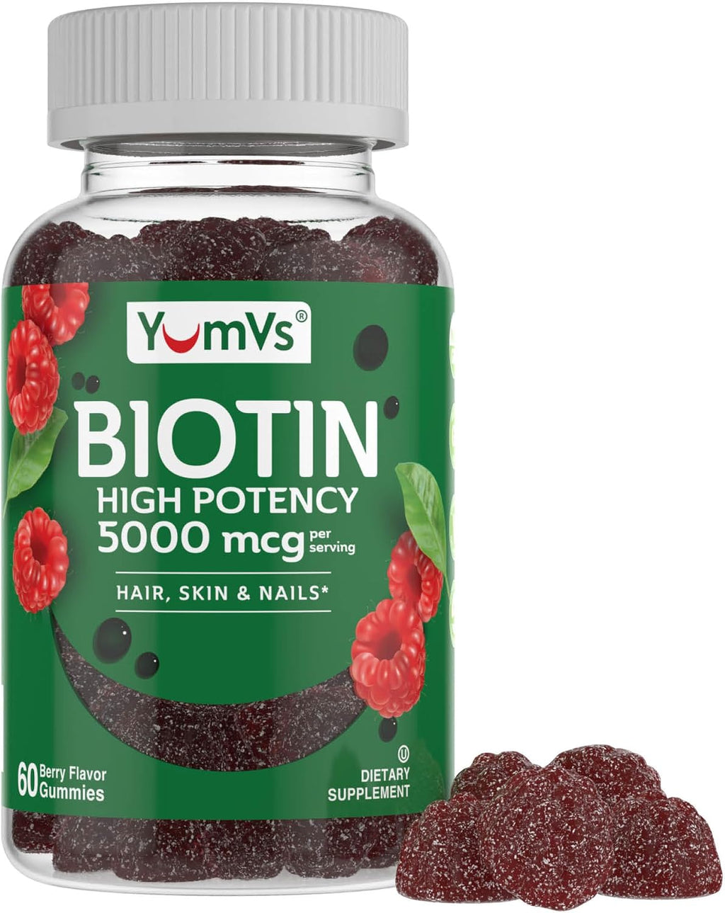YUM-V'S YumVs Biotin Gummies 5000mcg - Sabor Frambuesa - 60 Gominolas (Envase de 2)