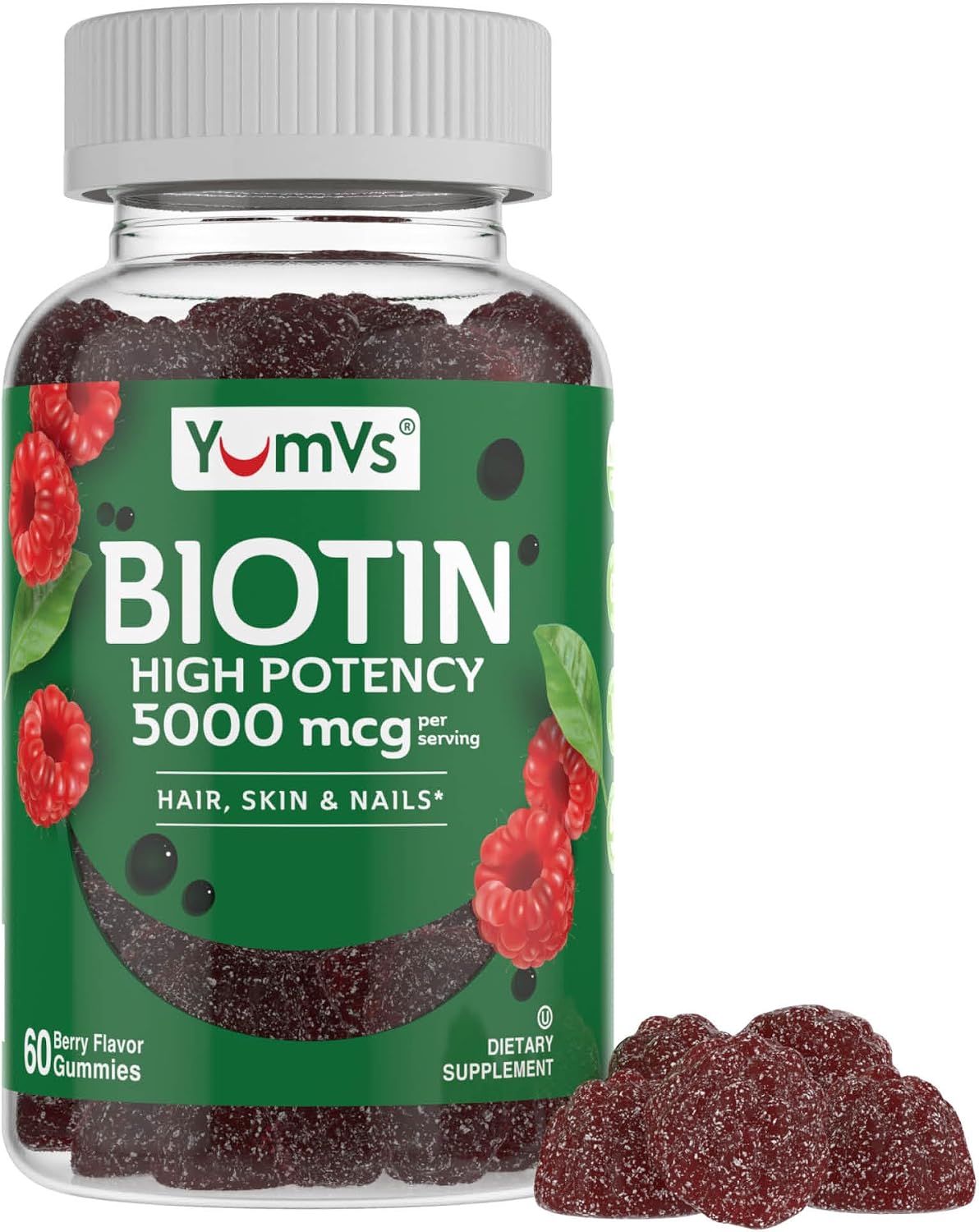 YUM-V'S YumVs Biotin Gummies 5000mcg - Sabor Frambuesa - 60 Gominolas (Envase de 2)