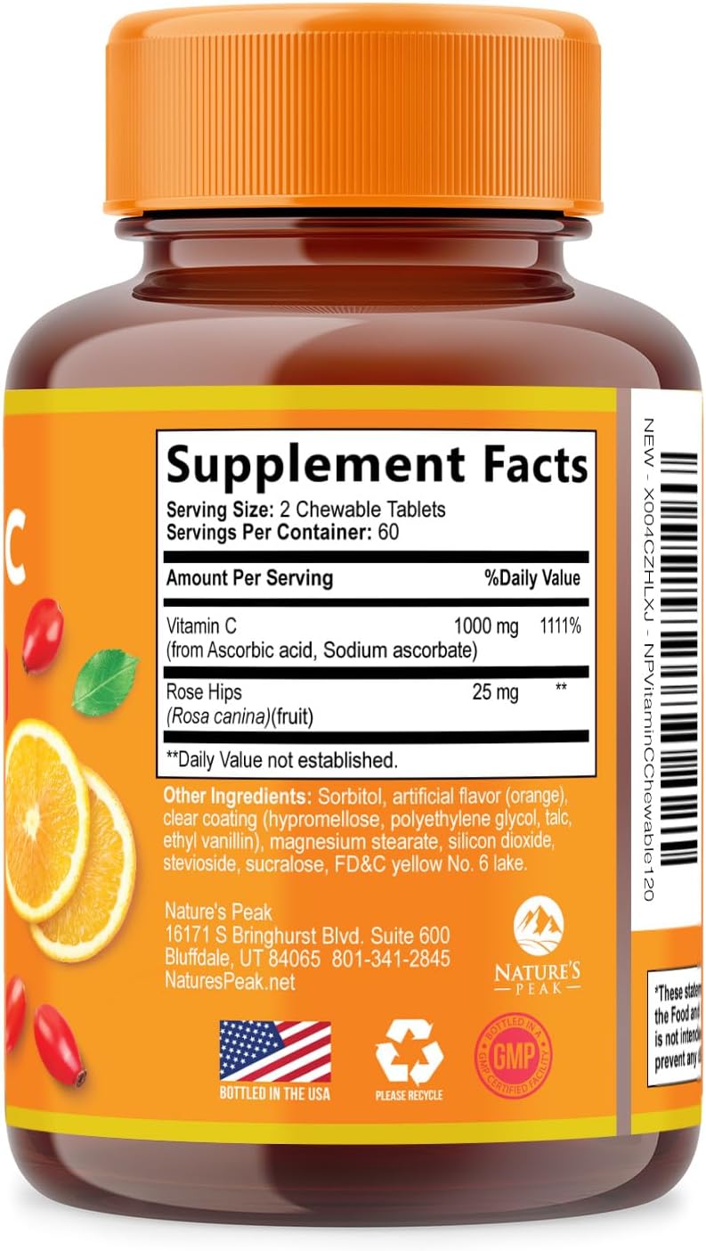 Nature's Peak Vitamina C 1000 mg con Rosa Mosqueta - 120 Comprimidos Masticables Sabor Naranja - Sin Azúcar