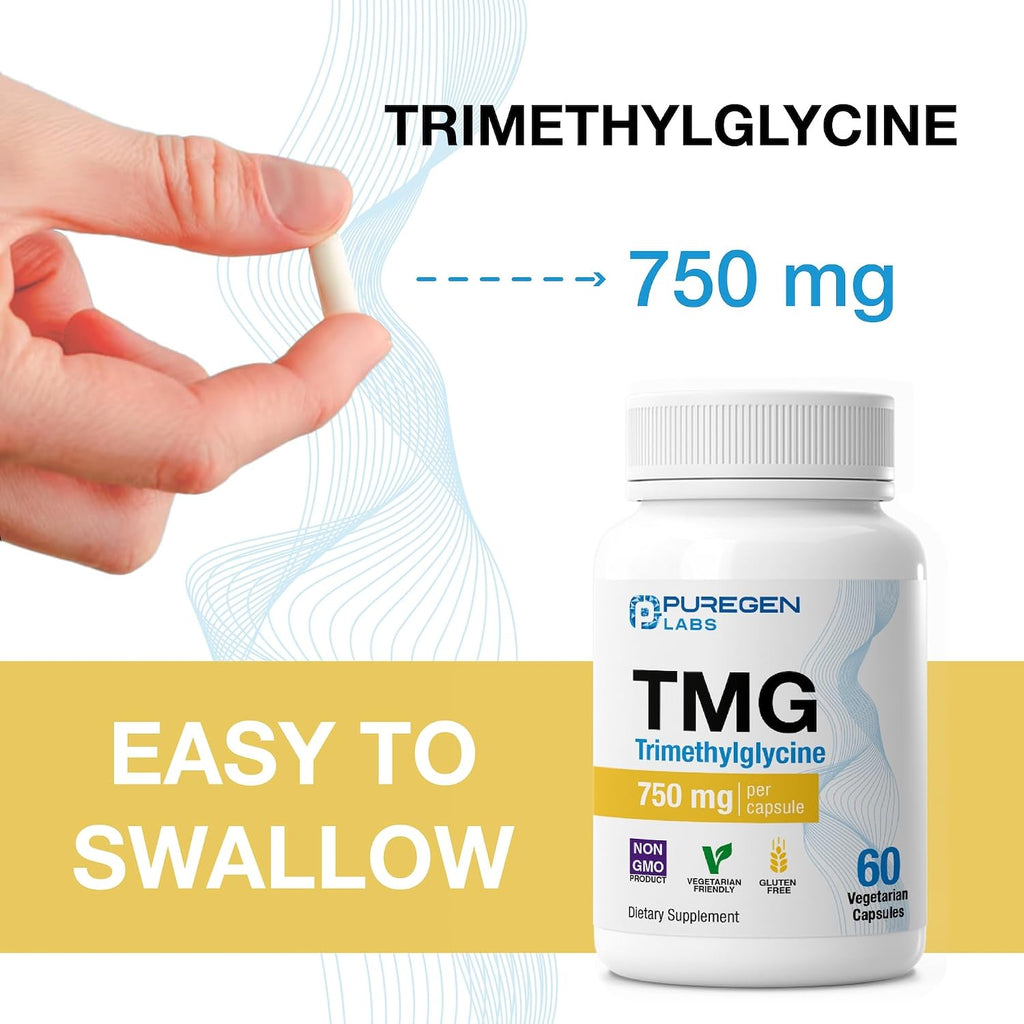 Puregen Labs TMG 750 mg – Trimetilglicina (Betaína) – Apoya niveles saludables de homocisteína – 60 cápsulas vegetales