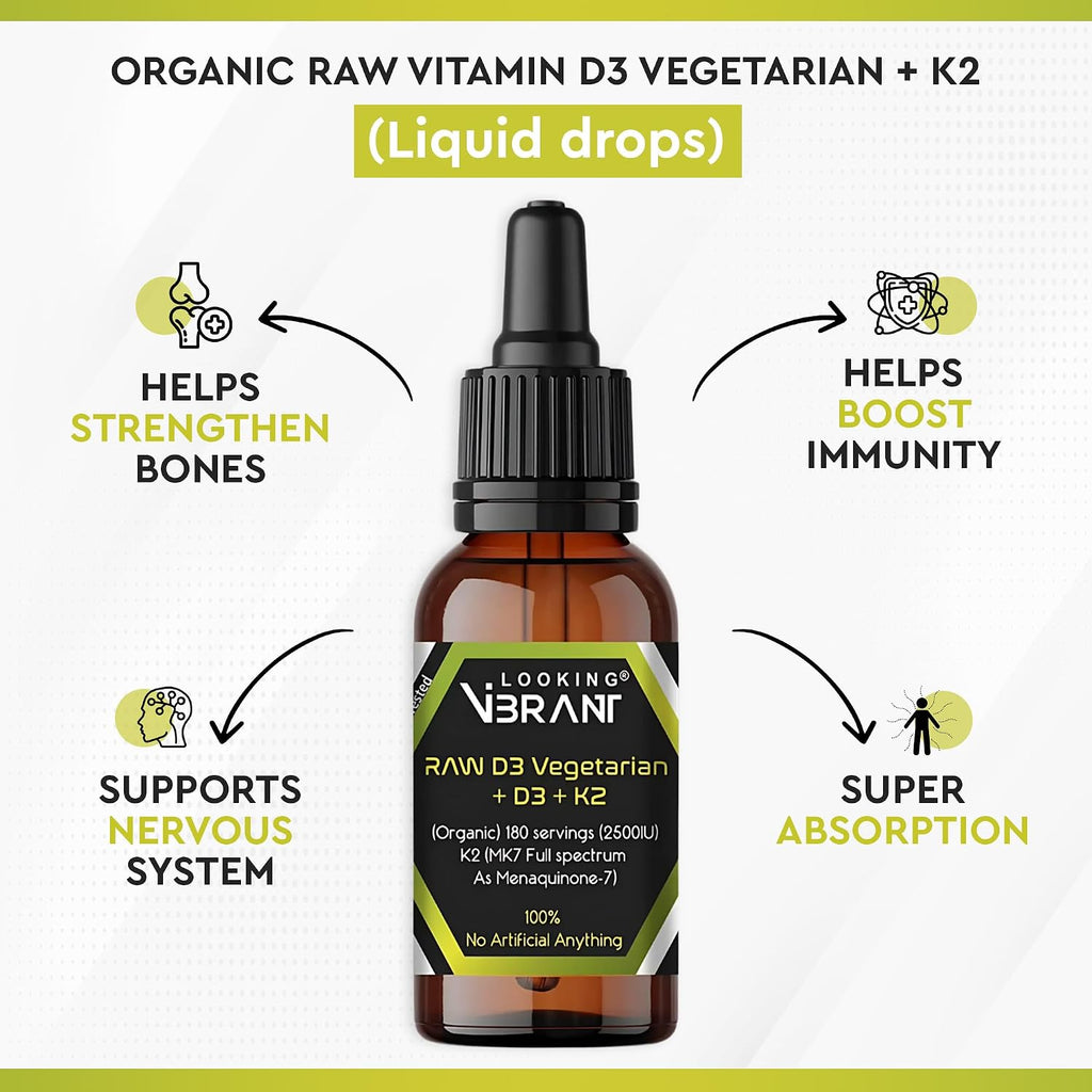 Vitamina D3 + K2 (MK-7) en Gotas Líquidas con Aceite MCT y Aceite de Oliva - Vegetariano, No-GMO, Sin Soja, Sin Gluten, Sin Alcohol, 1 Frasco, 60 ml - 180 Dosis (2500 UI por Dosis)