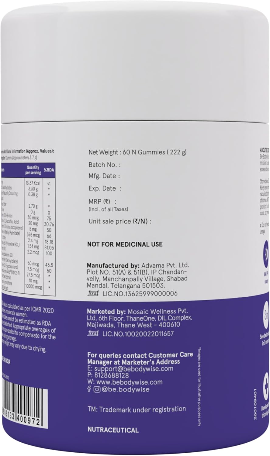 Be Bodywise Gomitas de Biotina para el Crecimiento del Cabello - Sin Azúcar - Vitaminas para Cabello, Piel y Uñas con Hierro - 60 Días