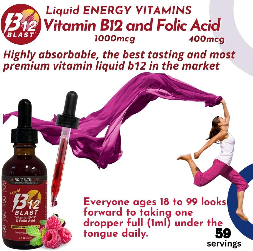 Bricker Labs B-12 Blast Liquid Vitamin B12 and Folic Acid, 59 ml (2 fl oz) - Raspberry Flavor