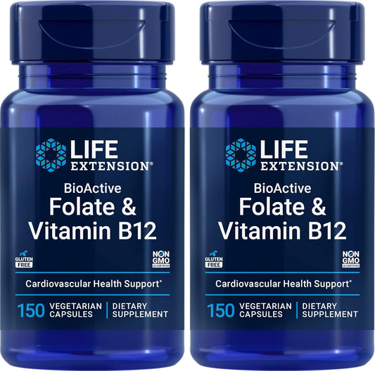 Life Extension BioActive Folate & Vitamin B12, 150 Cápsulas Vegetales (Pack de 2)