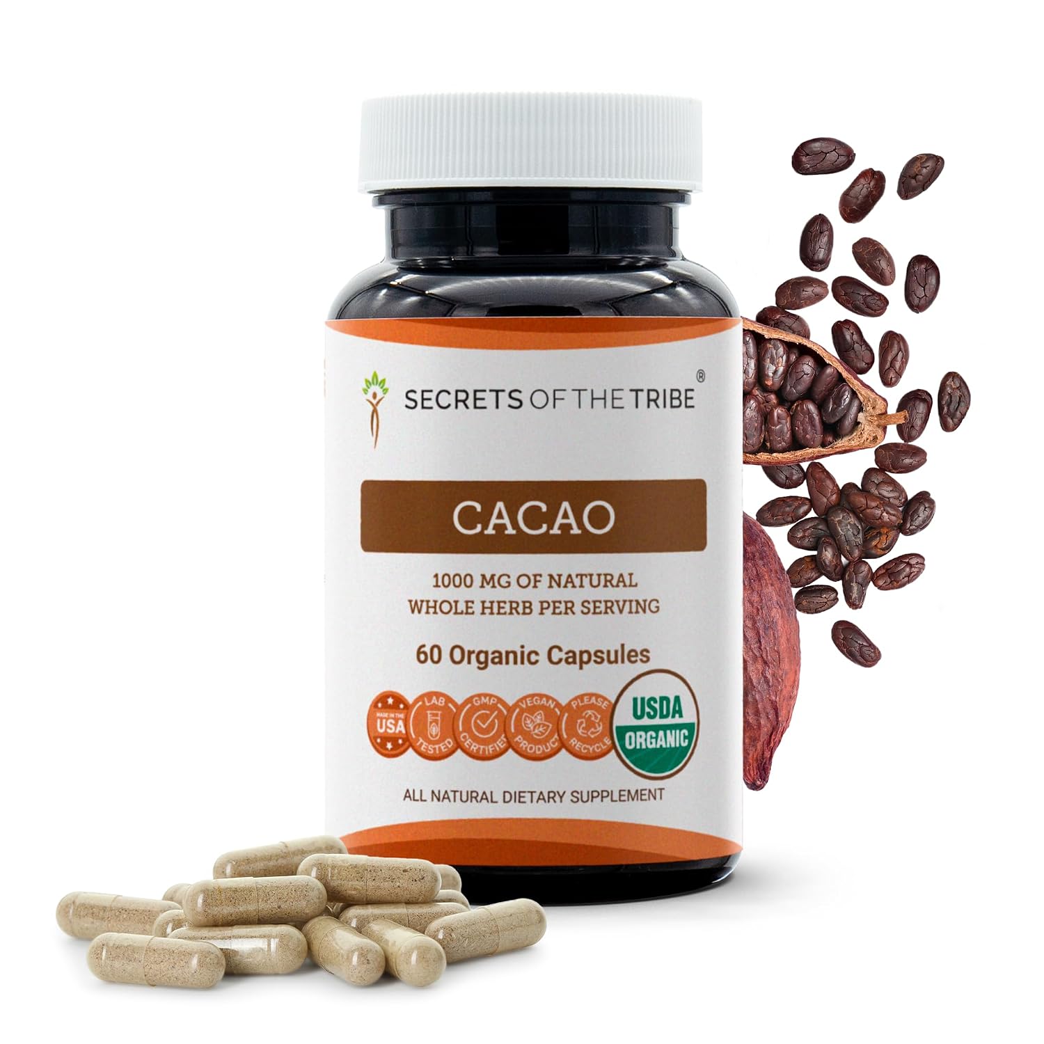 Cápsulas de Cacao Orgánico Certificado USDA | Suplemento Herbal Theobroma Cacao (120 Cápsulas)