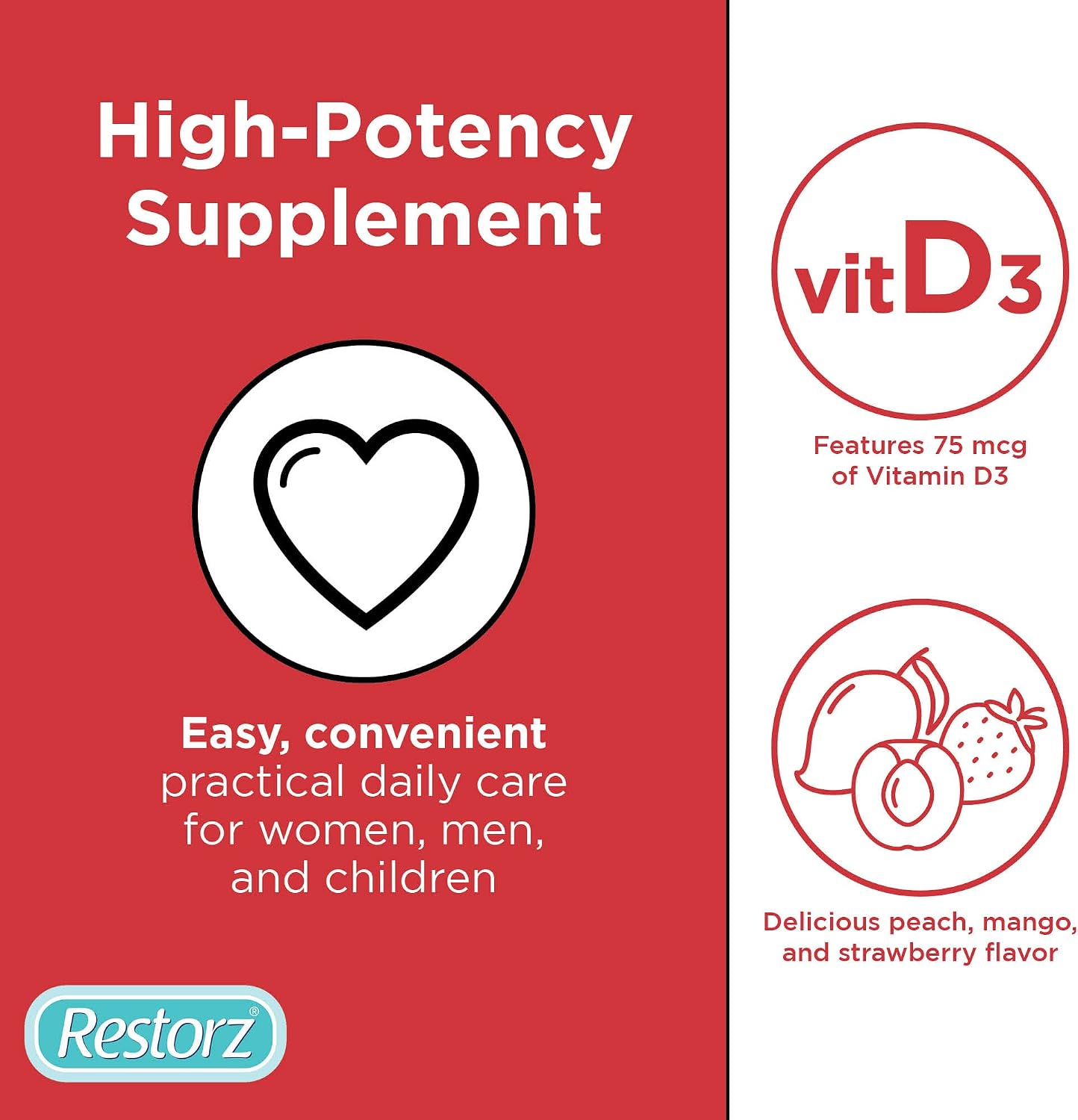 Restorz Vitamin D3 Gummies (120 uds) - Gominolas Veganas Sin Gluten - Sabores Melocotón, Mango y Fresa