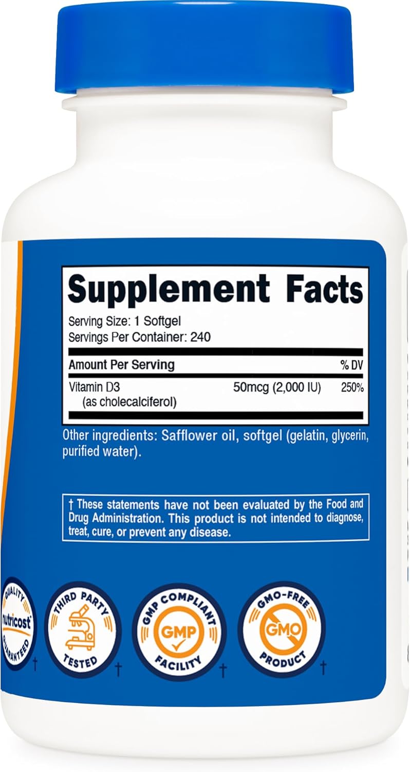 Nutricost Vitamina D3 2000 UI Softgels, 240 Cápsulas Blandas - No GMO y Sin Gluten