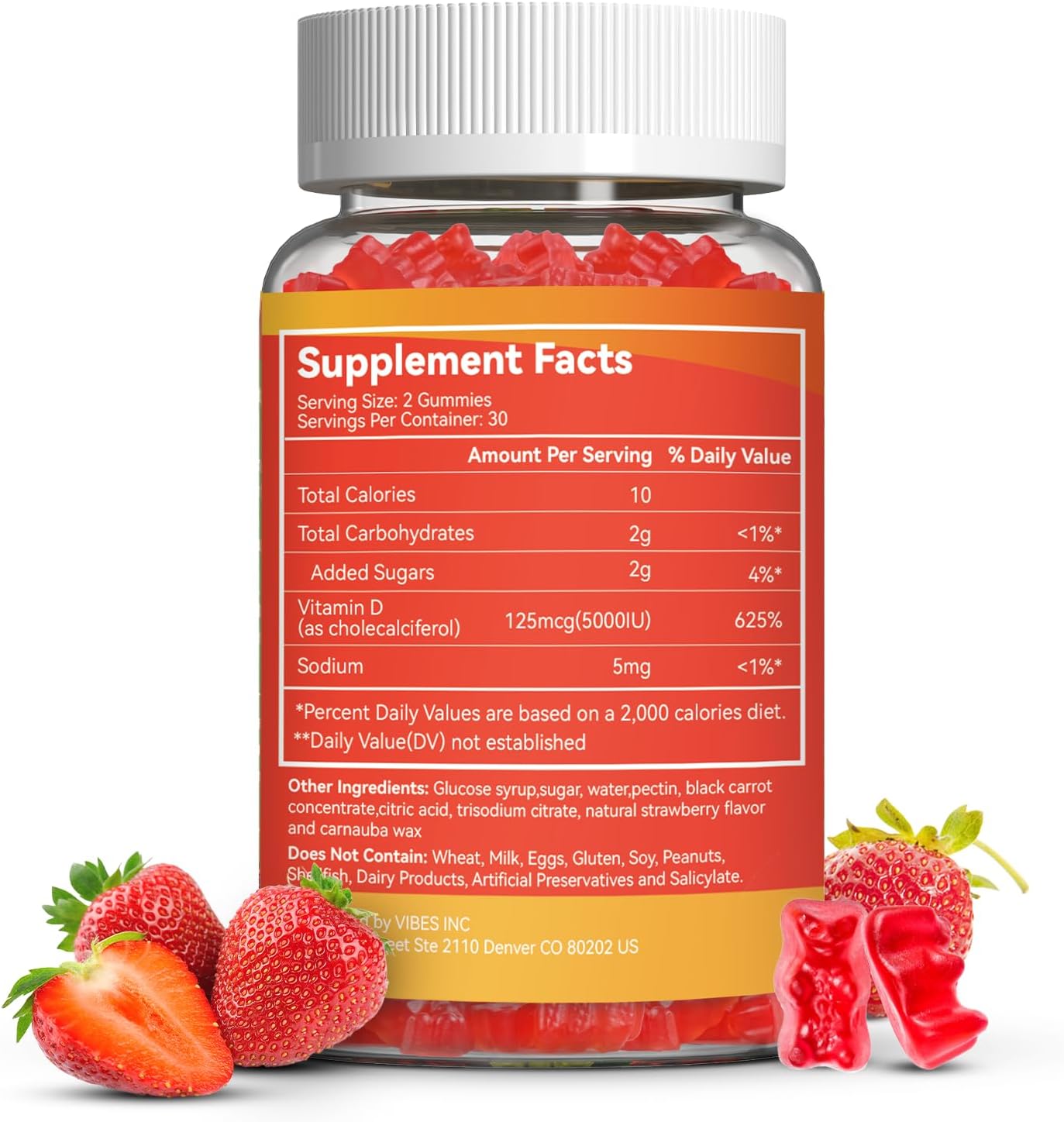 Agumoon Vitamina D3 5000 UI (125 mcg) Gomitas para Adultos - Apoyo Inmune, Huesos y Músculos - Sin Gluten, No GMO, 60 Gomitas Sabor Fresa