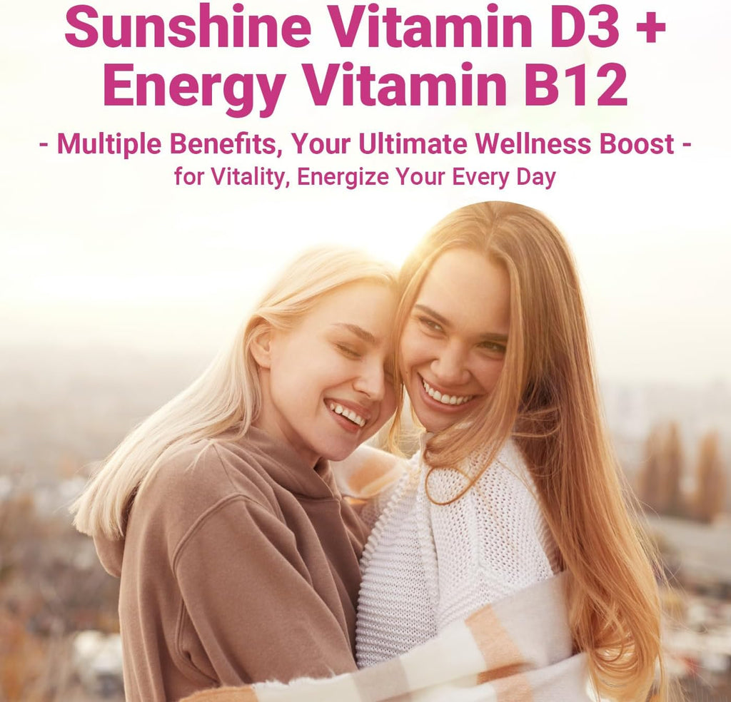 Wiszeen Vitamina D3 B12 Gominolas, 10000 IU D3 + 500mcg Metil-B12, con Ashwagandha, Magnesio, Vitamina K2